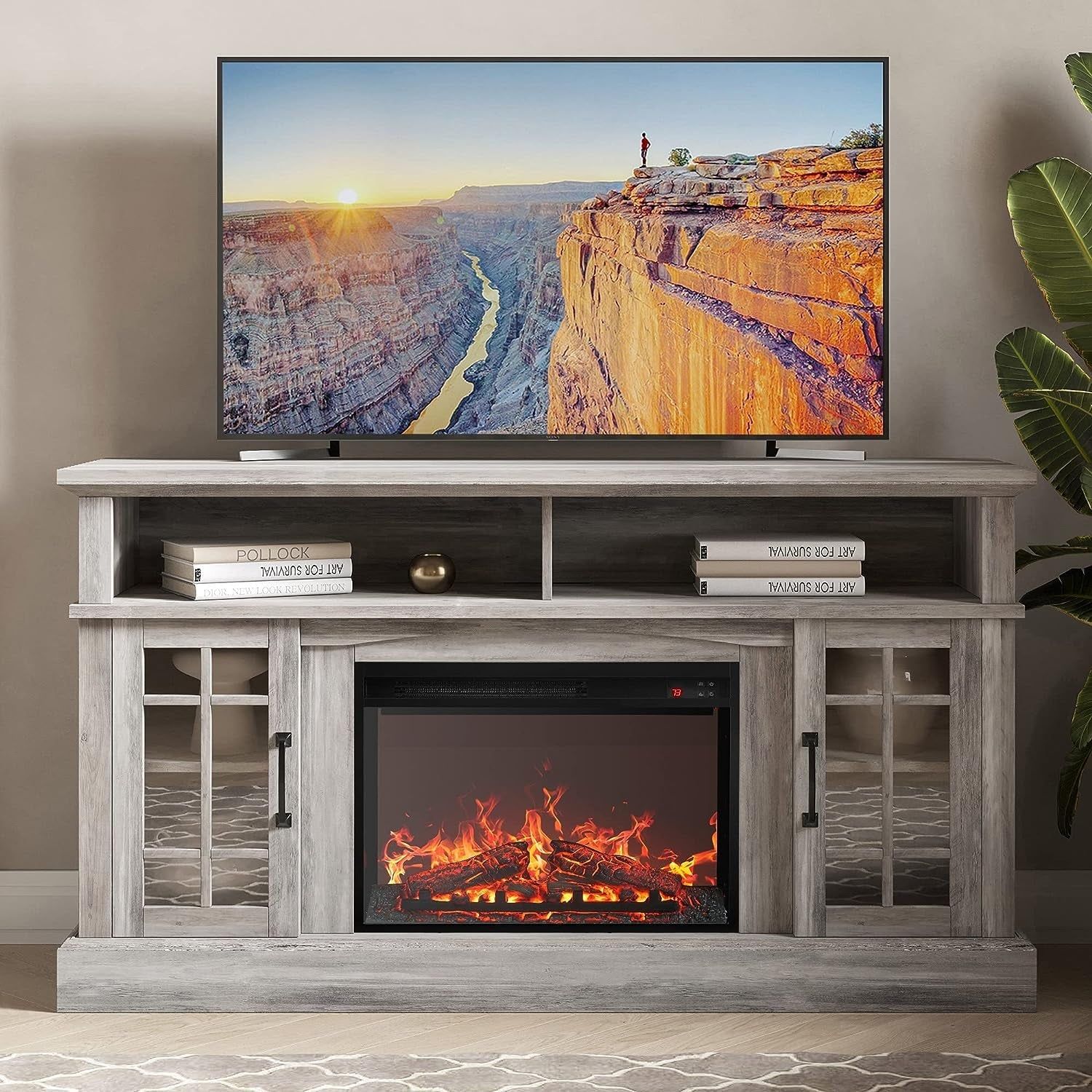 Traditional 58&quot; Rustic TV Stand with 23&quot; Electric Fireplace Heater with Sound, Media Entertainment Center Console Table for TV up to 65&quot; with Open Storage Shelves and Cabinets - Grey Wash