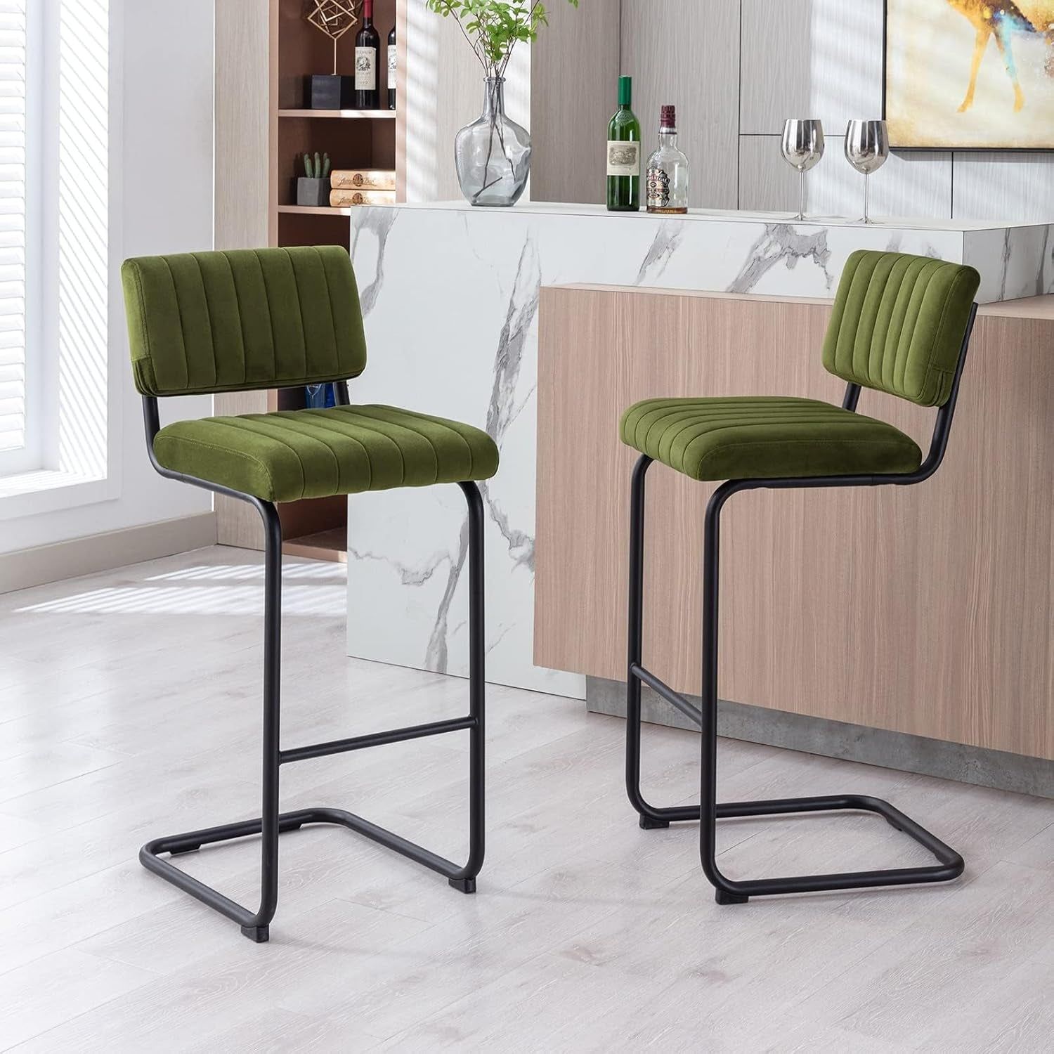 30&#39;&#39; Modern Bar Stools with Tufted Backs, Upholstered Velvet Fabric Bar Height Stools Chairs, Mid Century Cantilever Barstools for Kitchen Island Pub Set of 2
