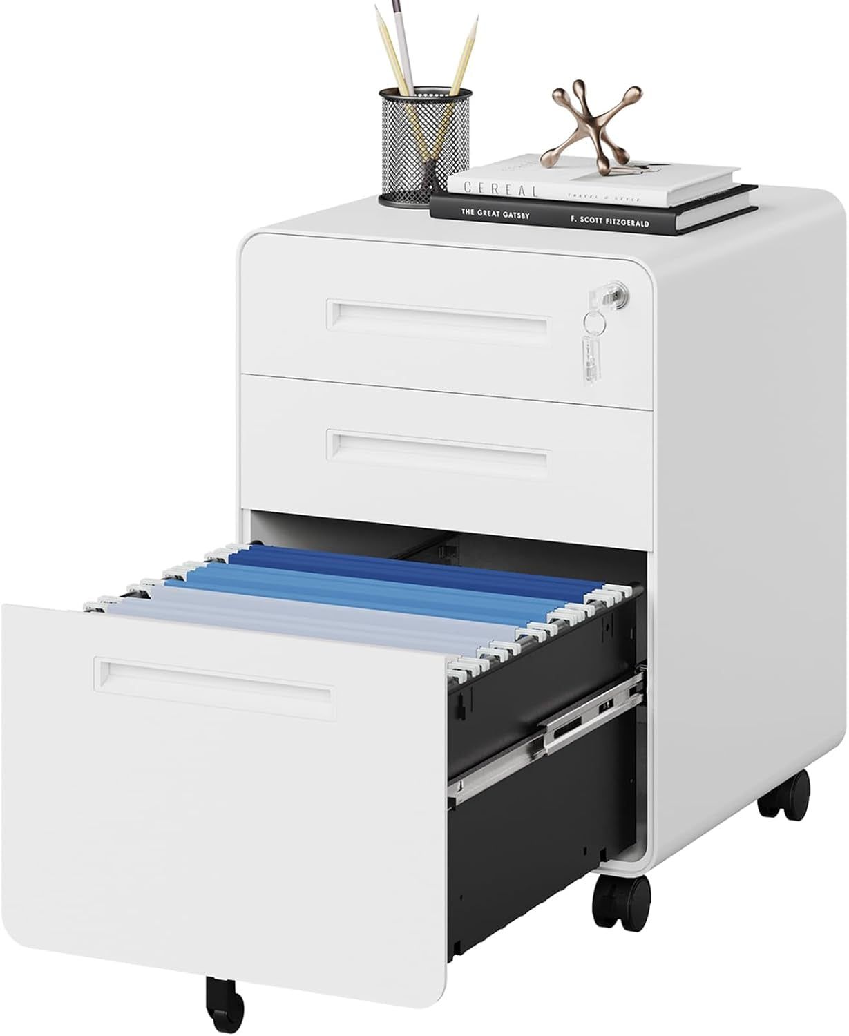 Mobile Filing Cabinet 3 Drawer, White Small File Cabinet with Lock under Desk, Filing Cabinet for Home Office with Wheels, A4/Letter/Legal Hanging File Folders