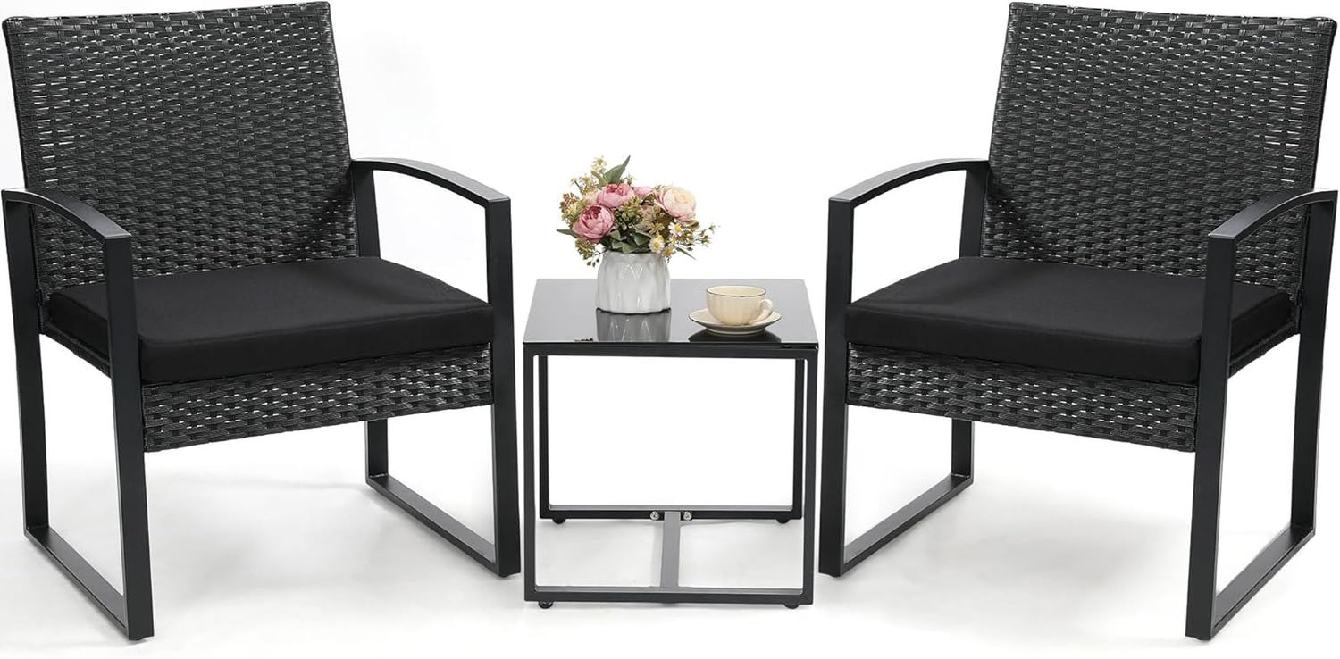3 Piece Wicker Patio Bistro Set, Rattan Conversation Set with Coffee Table, for Balcony, Porch, Garden, Yard, Poolside, Black Frame with Black Cushion