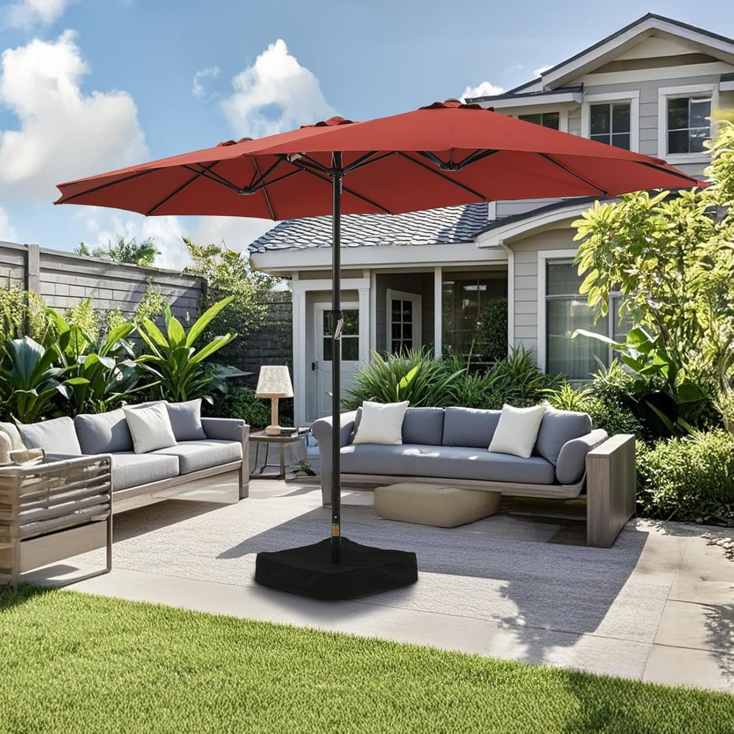 15ft Double Sided Patio Umbrella with Base Red
