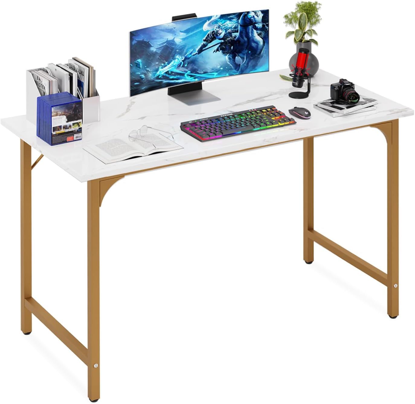 Computer Desk,47 Inches Home Office Desk Writing Study Table Modern Simple Style PC Desk with Metal Frame,Gold
