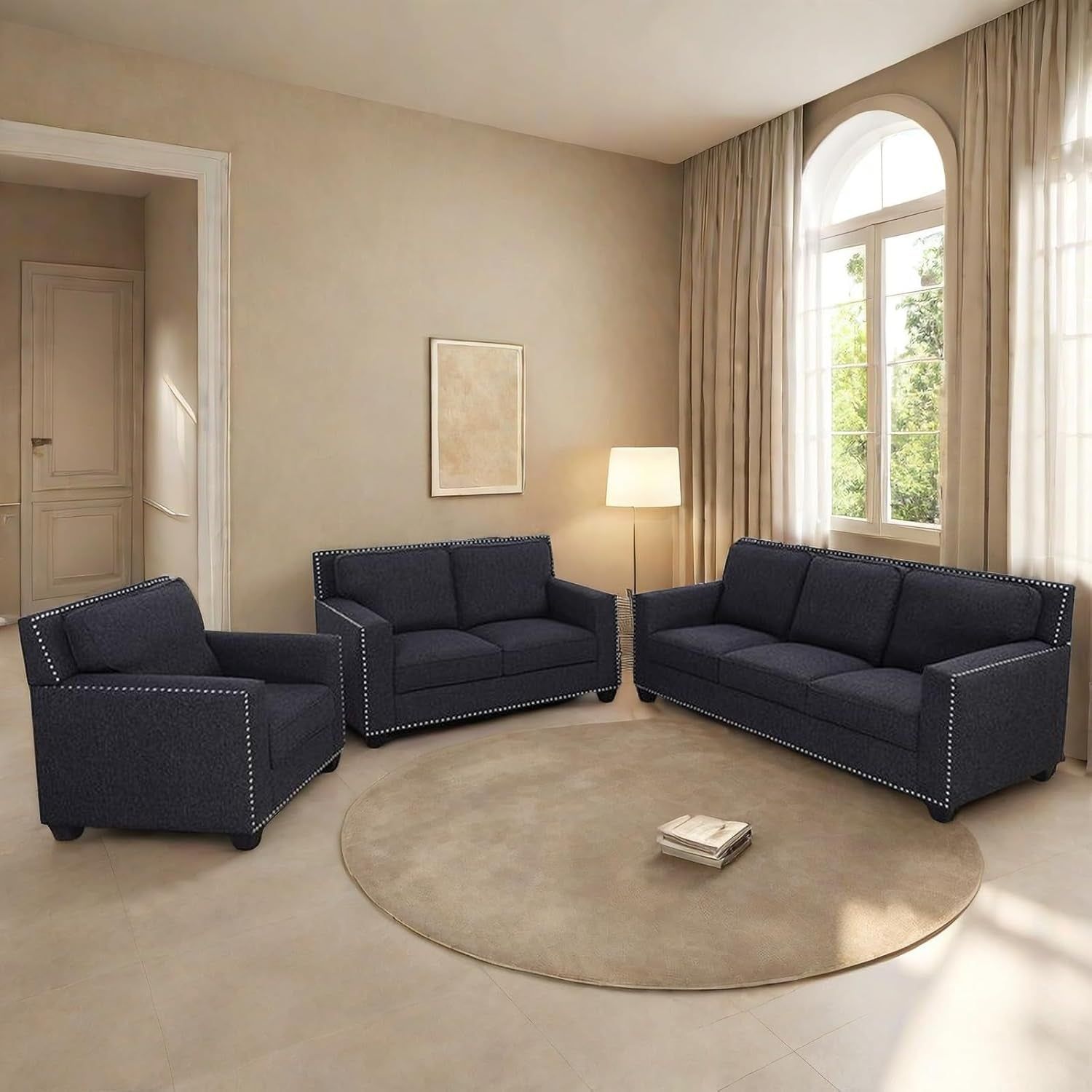 Couches Sofa for Living Room Set 3 Piece Modern Decor Sofa and Loveseat Set with Arms and Nailhead, Includes Loveseat Couch and Armchair