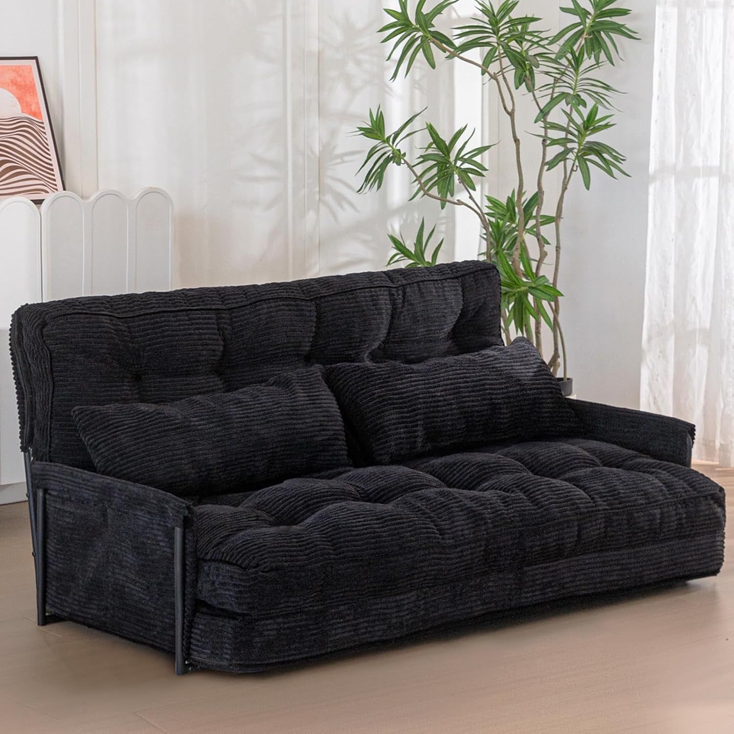 Adjustable Floor Sofa Couch with 2 Pillows, Multi-Functional Bean Bag Bed, 5-Position Foldable Lazy Sofa Sleeper Bed with Armrest, Versatile Floor Seating Sofa for Reading, Black, Double