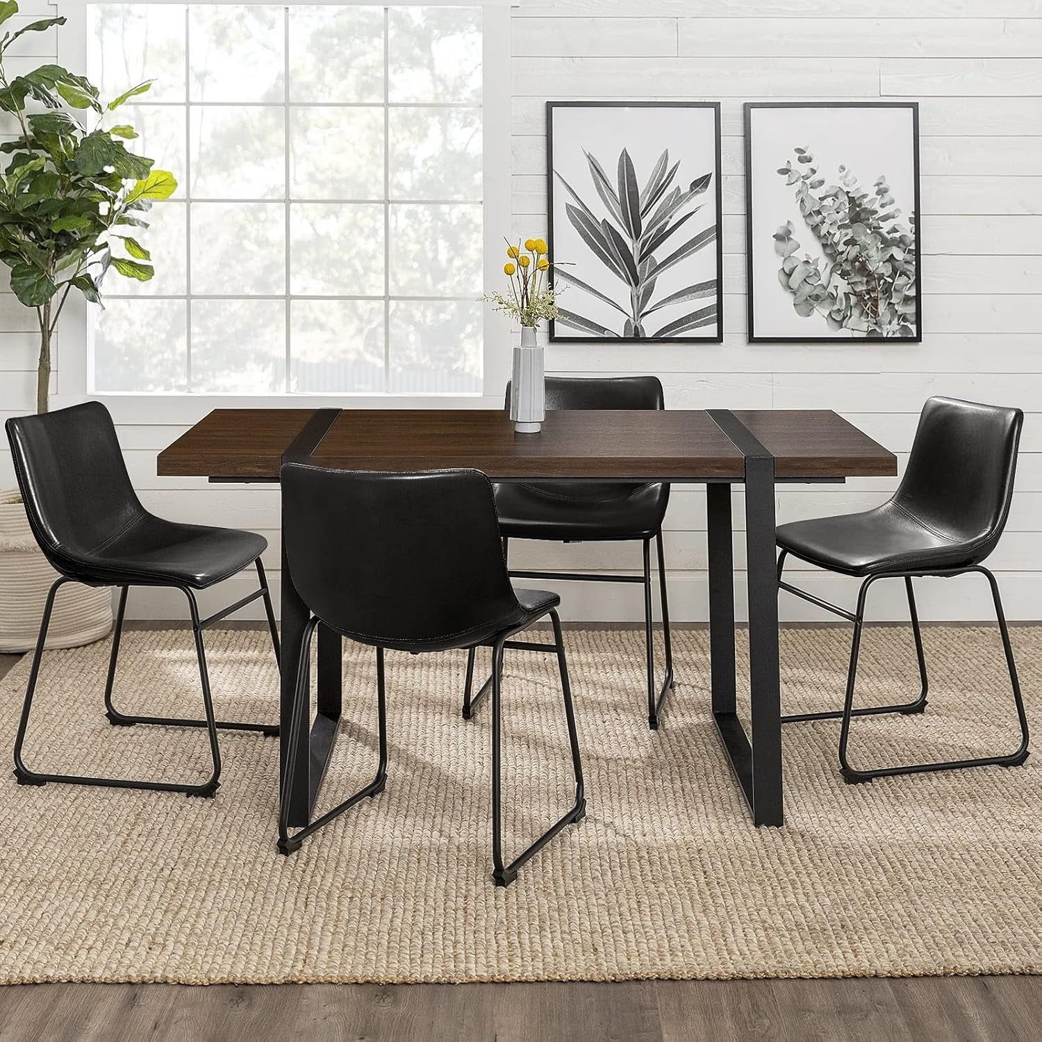 Faux Leather Dining Chairs Set of 4, 18 Inch Kitchen &amp; Dining Room Chair, Mid Century Modern Dining Chairs with Backrest and Metal Legs (Black)