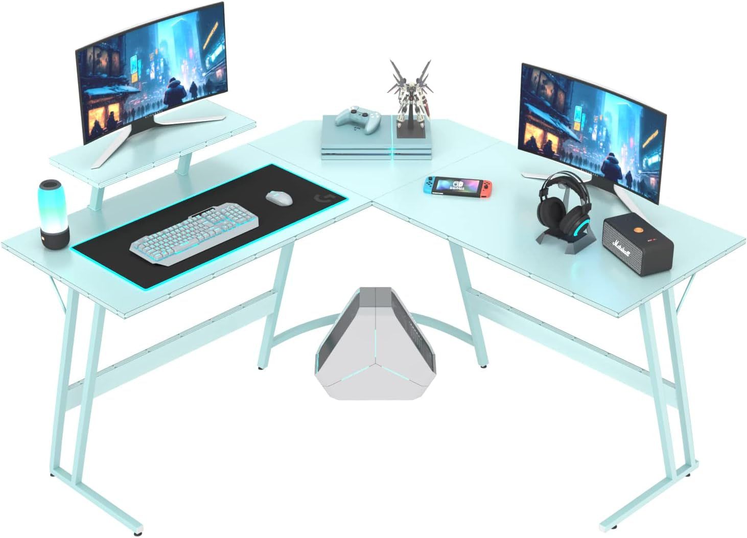 L Shaped Gaming Desk Computer Corner Desk PC Gaming Desk Table with Large Monitor Riser Stand for Home Office Sturdy Writing Workstation (Blue, 51 Inch)