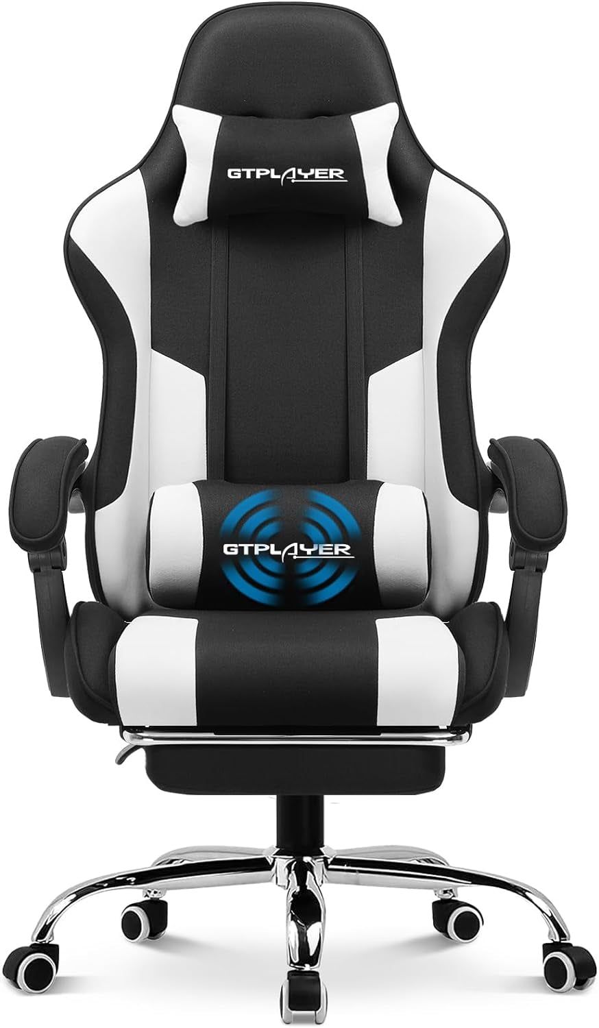 Gaming Chair, Computer Chair with Footrest and Lumbar Support, Height Adjustable Game Chair with 360°-Swivel Seat and Headrest and for Office or Gaming (Fabric, Black &amp; Light Gray)