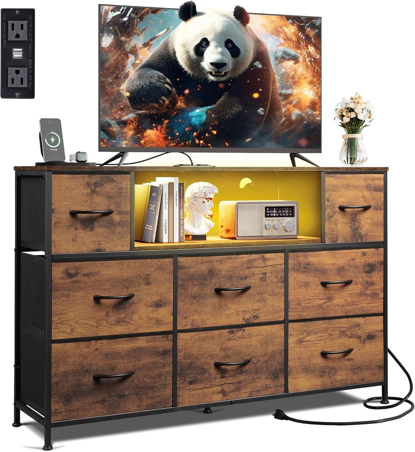 Dresser for Bedroom, TV Stand for Bedroom for 55 Inch TV with Charging Station and LED Lights, Fabric Chest of Drawers with Open Shelves, 8 Drawers Dressers for Living Room, Closet