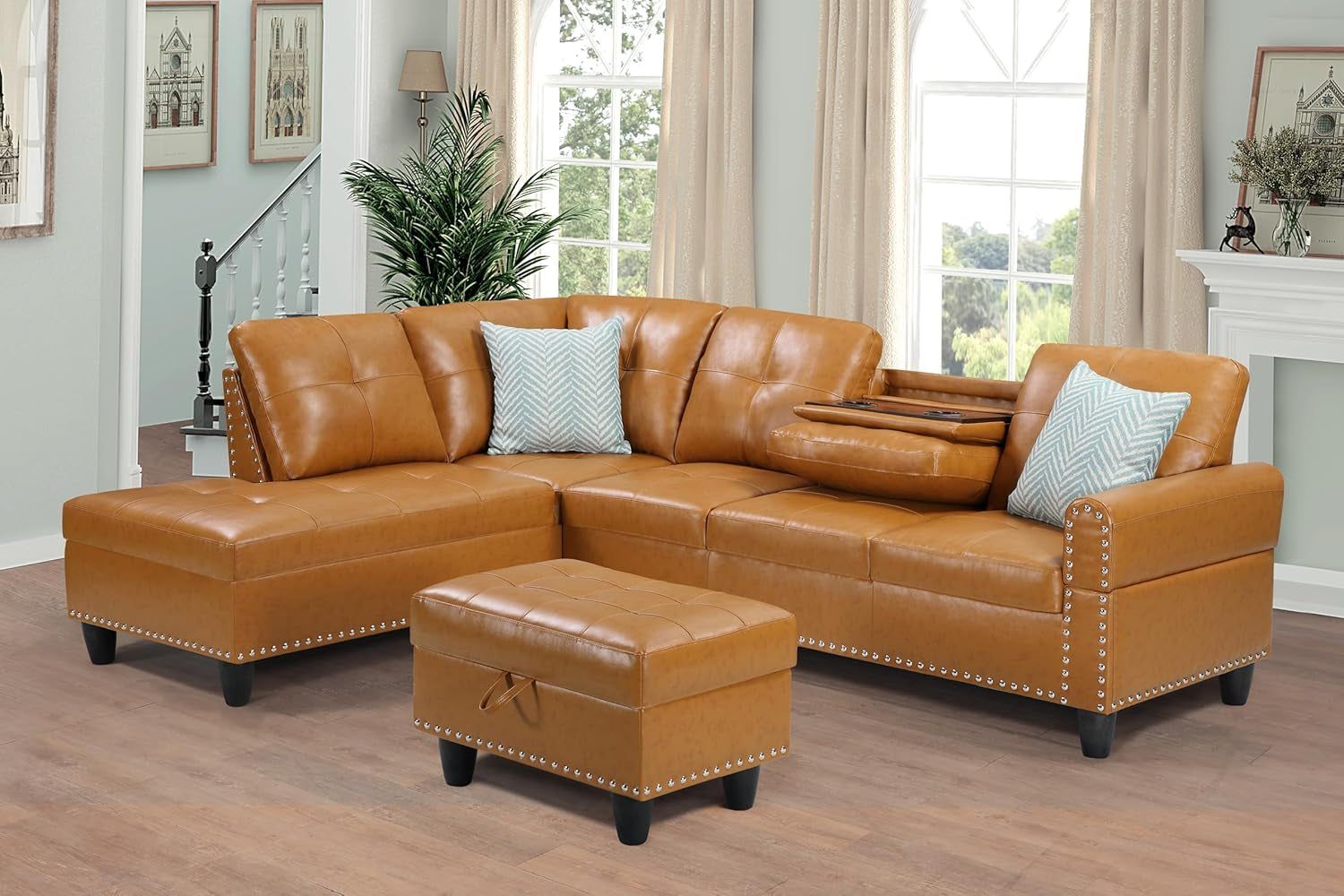 L-Shaped Corner Sectional with Right Chaise and Storage Ottoman for Living Room Furniture Sets