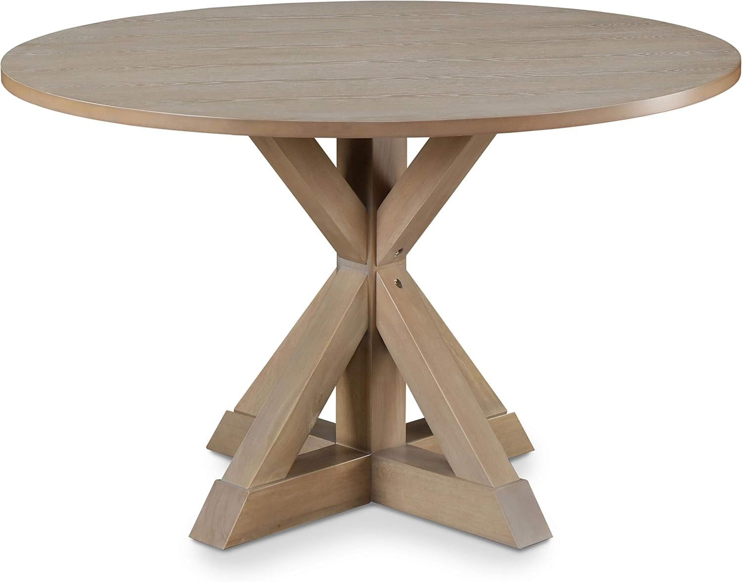 Alfred round Solid Wood Rustic Dining Table for Farmhouse Kitchen Room Decor, Wooden Trestle Pedestal Base, 46.5&quot; Wide Circular Tabletop, Distressed Beige, 47 in X 47 in X 29.2 In