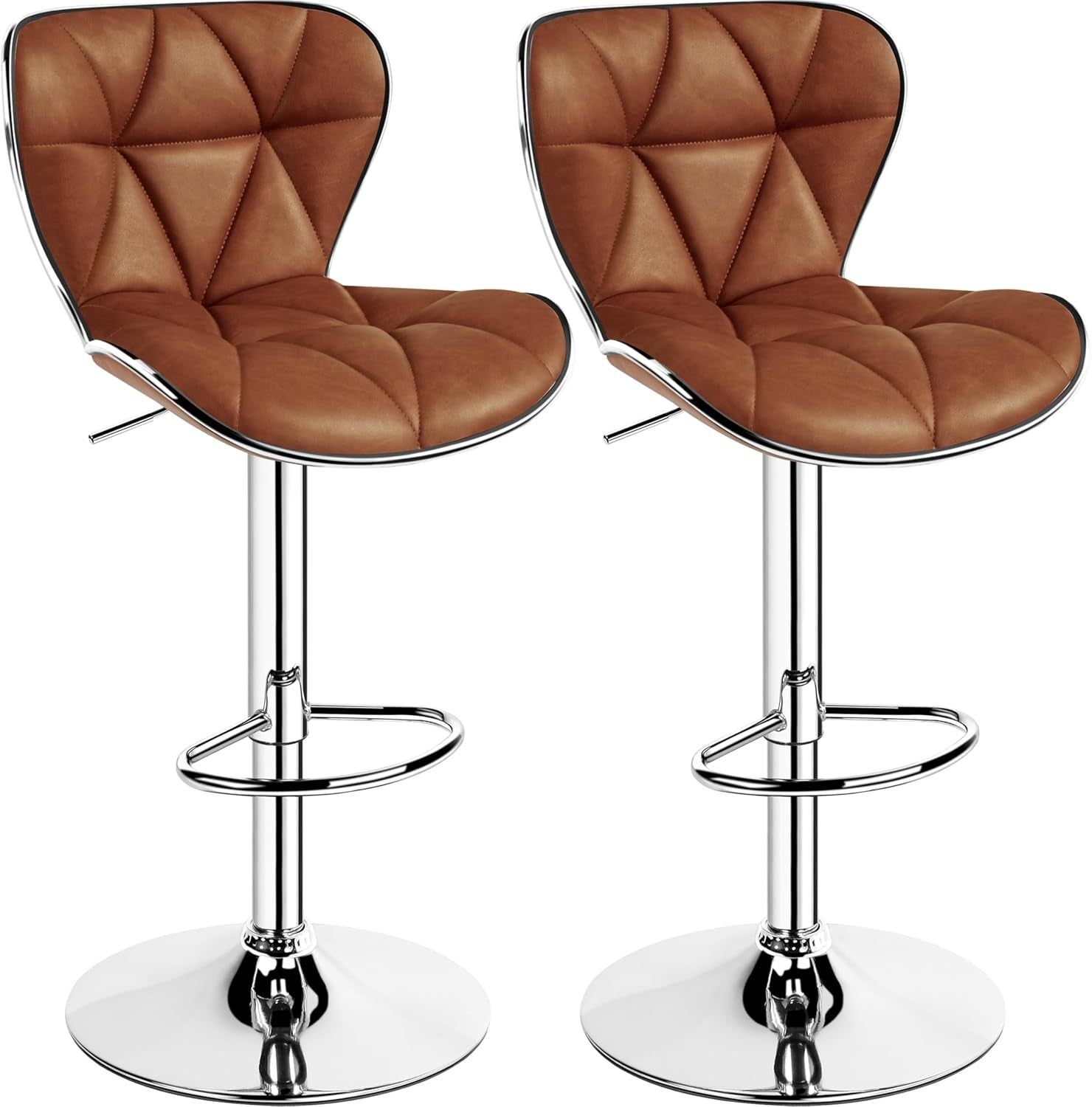 Bar Stools Set of 2, PU Leather Swivel Bar Stools with Shell Back, Armless Counter Height Adjustable Bar Chairs for Home Kitchen, Retro Brown