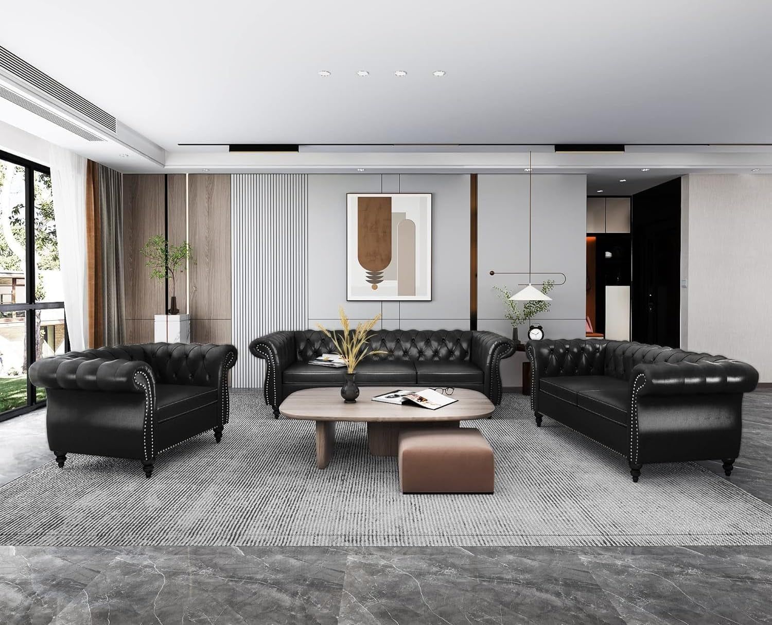 3-Piece Living Room Sectional Sofa Set, Upholstered Sofa Modern Sofa Couches Set Style Button Tufted, PU Chesterfield Sofa for Living Room Apartment, 1+2+3 Seat PU Black