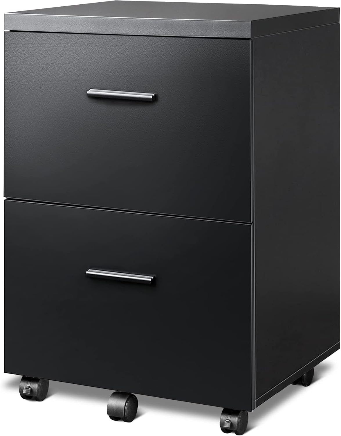 Wood File Cabinet, 2 Drawer Filing Cabinet for Home Office, Vertical File Cabinets with Wheels Fits A4/Letter/Legal Size File, Black