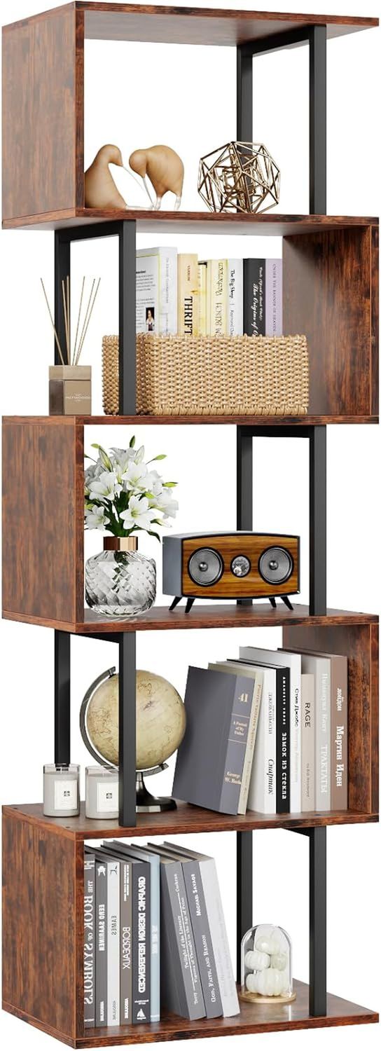 6-Tier Bookshelf, Tall S-Shaped Geometric Bookcase, Industrial Freestanding Display Shelf Unit, Wood and Metal Decorative Room Divider for Living Room Bedroom, Home Office, Rustic Brown