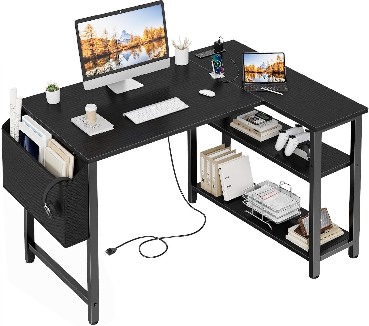 Small L Shaped Desk with Power Outlet Shelves, 40 Inch Corner Computer Desk for Small Space Home Office, L-Shaped Gaming Desk PC Desks with Charging Station, Black