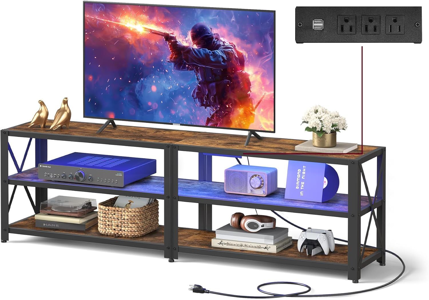 TV Stand with Power Outlets and LED Lights, for Tvs up to 65 Inches, Entertainment Center with Open Storage Shelves, TV Console Table for Living Room, Rustic Brown and Ink Black ULTV118K01
