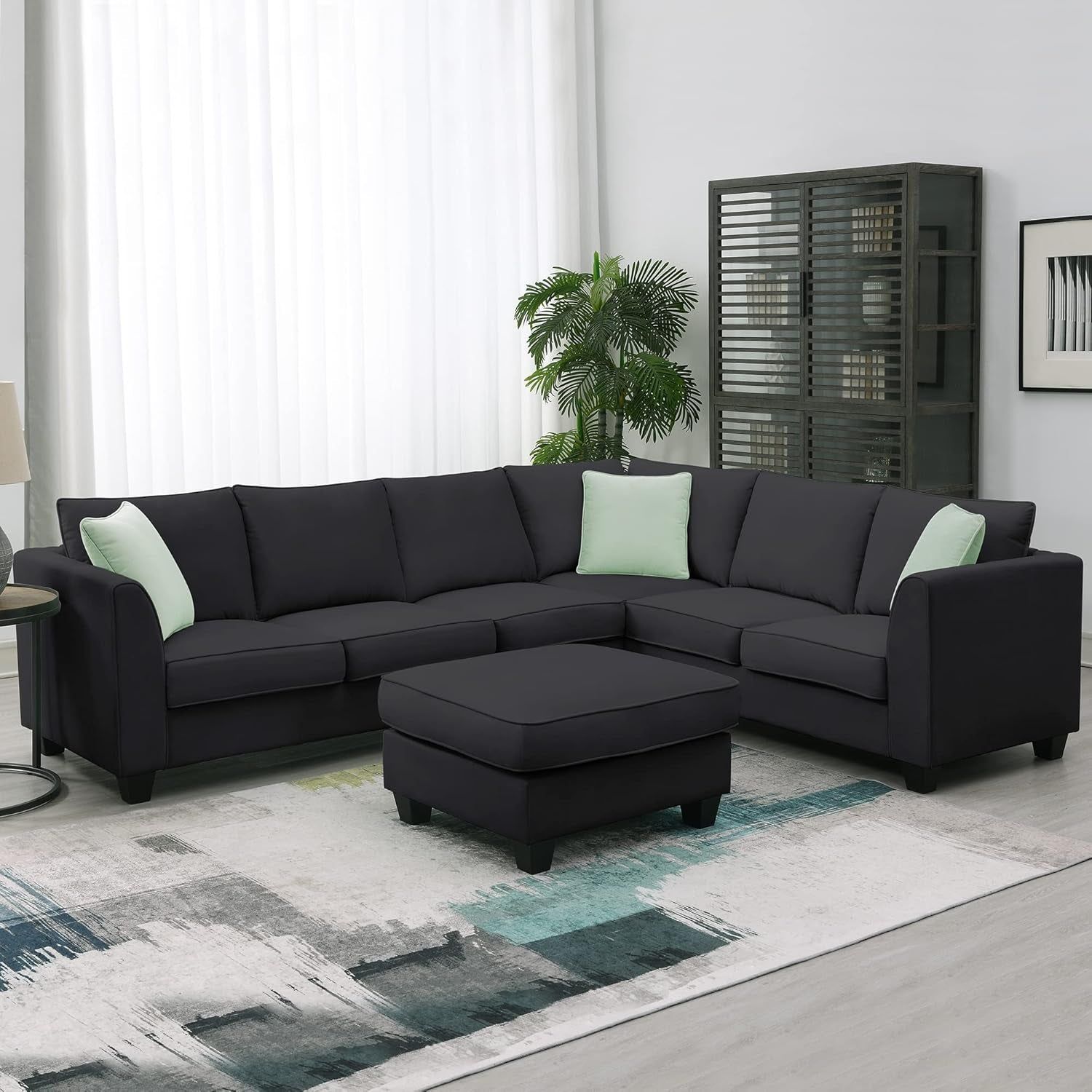 Large U Shaped Sectional Sofa with Removable Ottoman for Living Room, 7 Seats Modular Sofa with Wide Chaise Lounge &amp; 3 Pillows, 112” Fabric Corner Couch Set for Large Space, Black