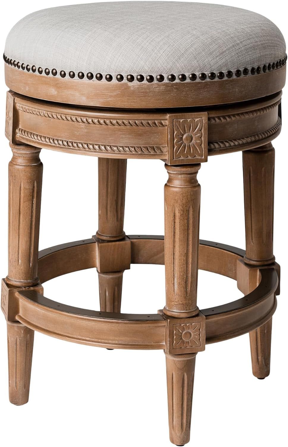 Pullman 26 Inch Tall Backless Weathered Oak Finish Counter Height Upholstered Barstool with Sand Color Fabric Cushion Seat
