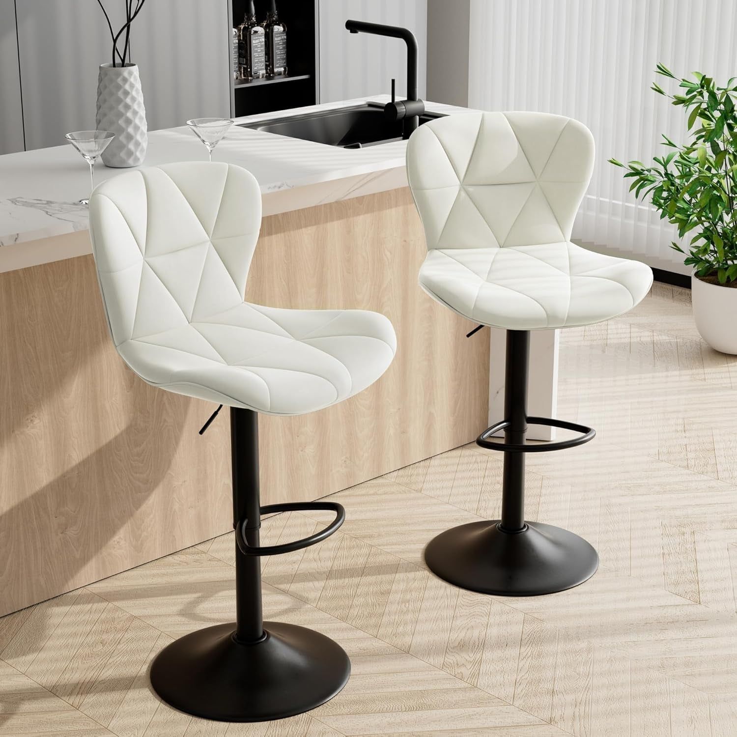 Bar Stools Set of 2,Adjustable Swivel Barstools,Counter Height Barstools with Backs Faux Leather Kitchen Island Bar Chair, White