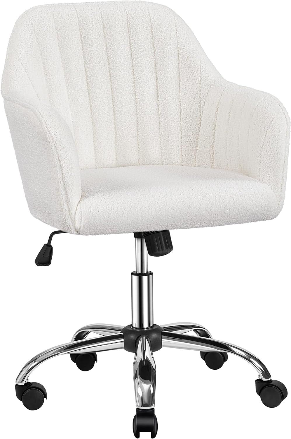Boucle Vanity Chair Makeup Desk Chair Modern Office Chair Mid Back Accent Chair Height Adjustable Task Chair Swivel Computer Chair with Arms Ivory