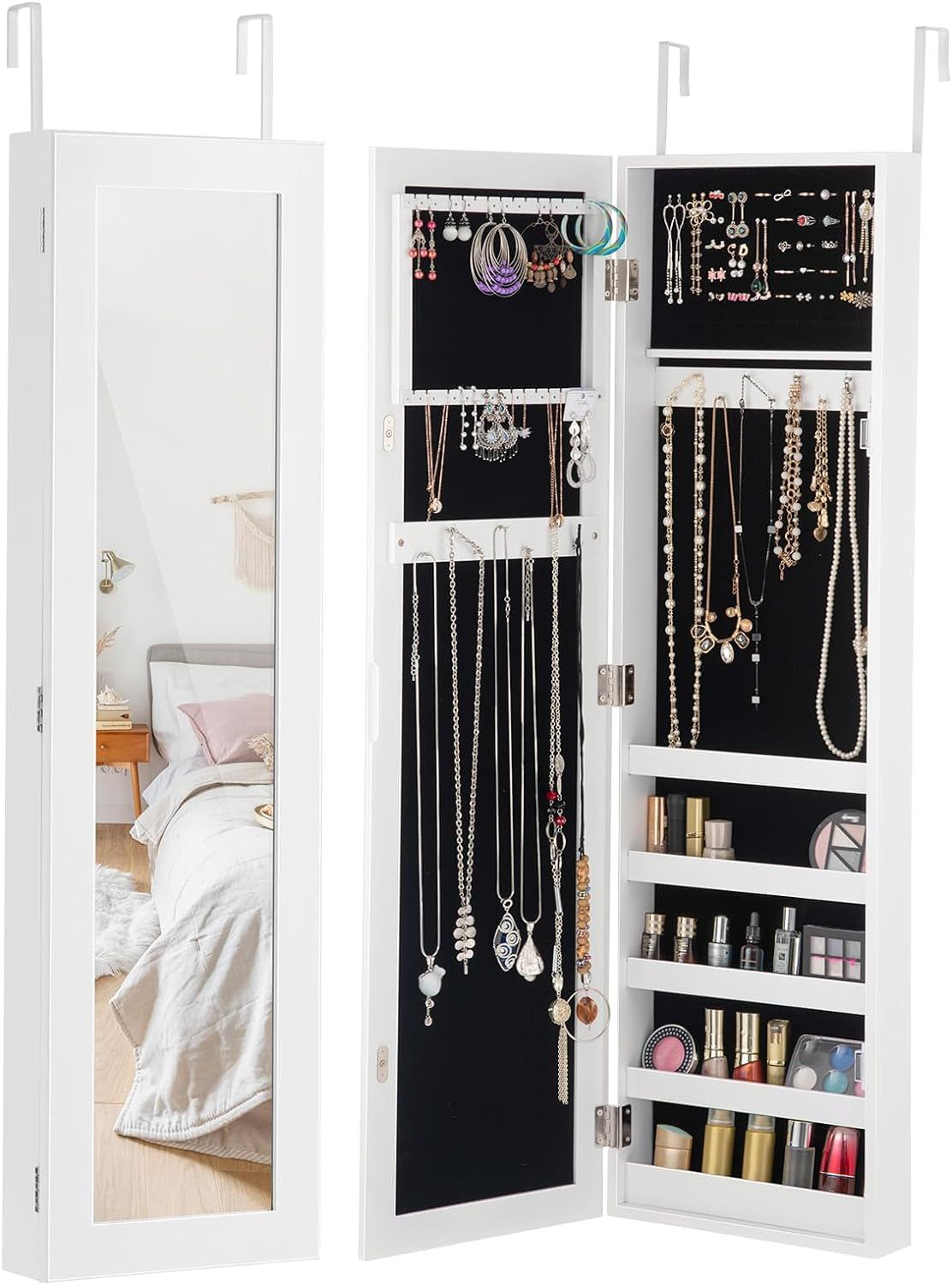 Mirrored Wall-Mounted Jewelry Cabinet, Lockable Door Mounted Jewelry Armoires, Full Length Dressing Mirror Jewelry Organizer with 5 Storage Shelves, White