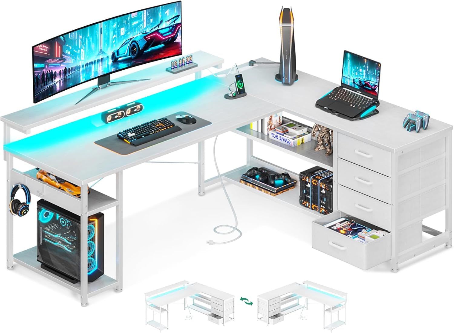 61&quot; L Shaped Desk with Drawer, Computer Desk with Power Outlets &amp; LED Lights, Reversible Corner Gaming Desk for Home Office Workstation, Office Desk with Monitor Shelf, Pure White