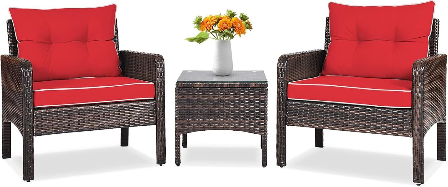 3 Piece Outdoor Patio Furniture Set, Wicker Chairs Set with Glass Top Coffee Table, Thick Cushions, All Weather Garden Lawn Poolside Backyard Porch Furniture Set for 2 (Red)