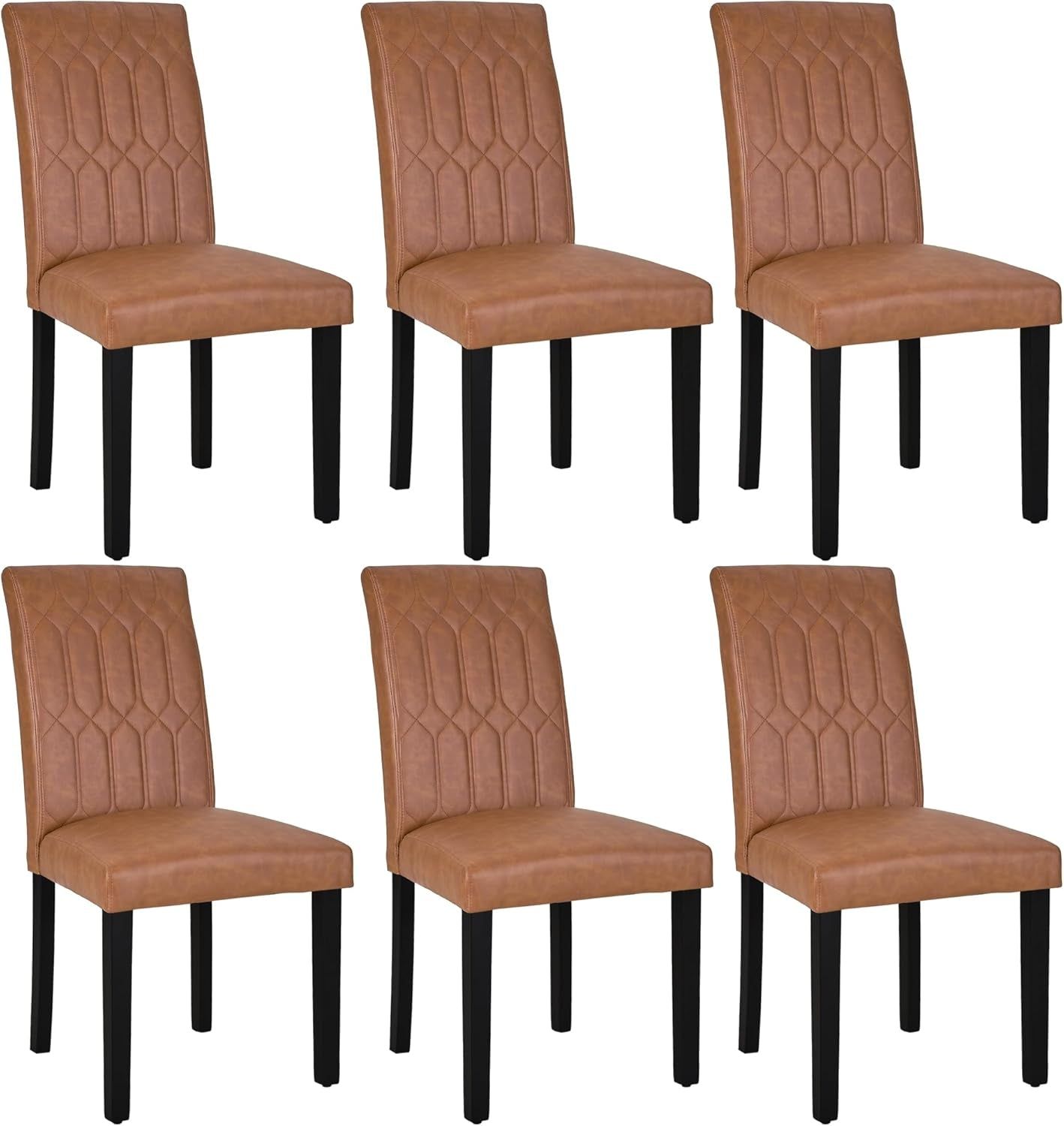 Upholstered Dining Chairs Set of 6, Modern PU Leather Accent Parsons, Solid Wood Legs W/Rubber Footpads, for Living Room Kitchen, Brown