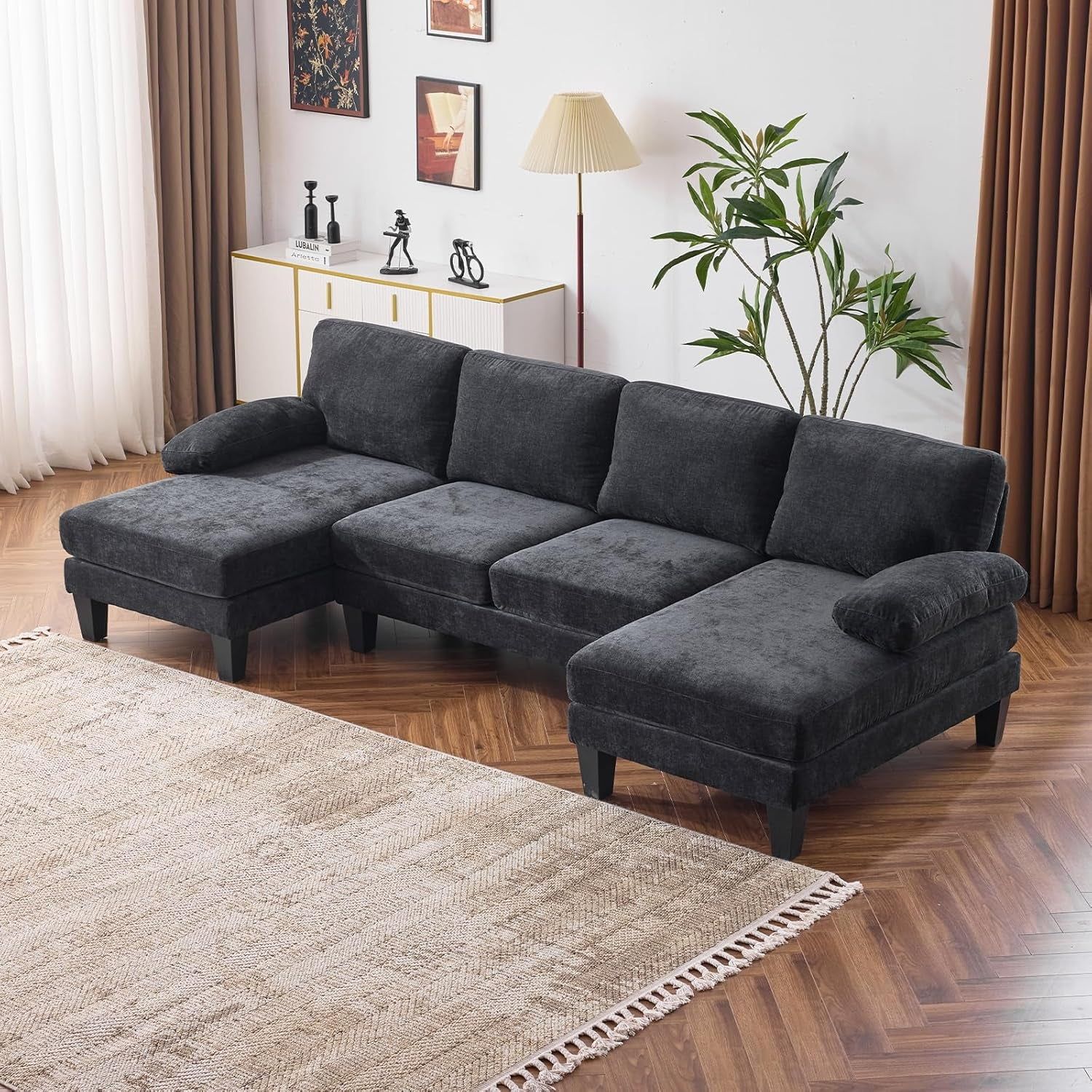 110&quot; Sectional Couches for Living Room,U Shaped Couch with Double Chaise, 4-Seat Sofa Set with Chenille Fabric for Home Furniture,Black