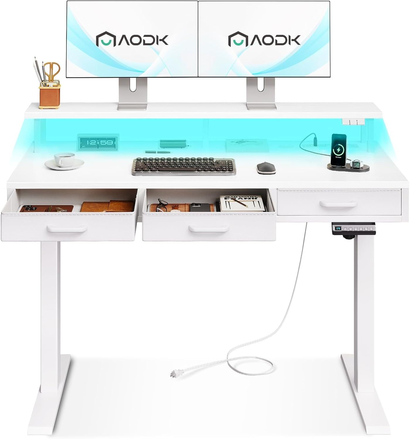 Electric Standing Desk with Drawers, 47 Inch Height Adjustable Small Desk with Power Outlets &amp; LED Lights, Sit Stand Table with Monitor Stand for Home, Office, Workstation, White