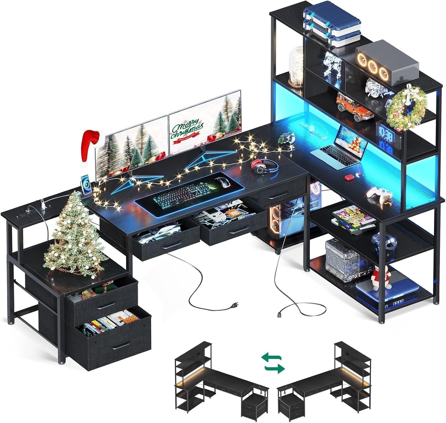 79 Inch L Shaped Desk with File Drawers, Reversible L Shaped Gaming Desk with Power Outlets &amp; LED Lights, Computer Desk with Storage Shelves for Home Office, Black
