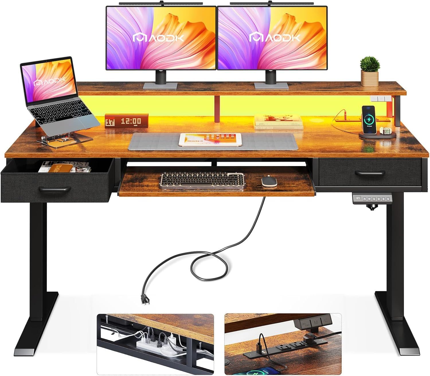 Electric Standing Desk with Drawers &amp; Keyboard Tray, 55 Inch Height Adjustable Gaming Desk with Power Outlets &amp; LED Lights, Sit Stand Table with Monitor Stand for Home, Office, Rustic Brown