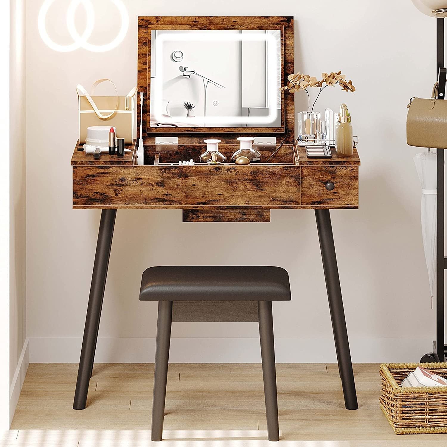 Vintage Brown Vanity Desk Set with LED Lighted Mirror