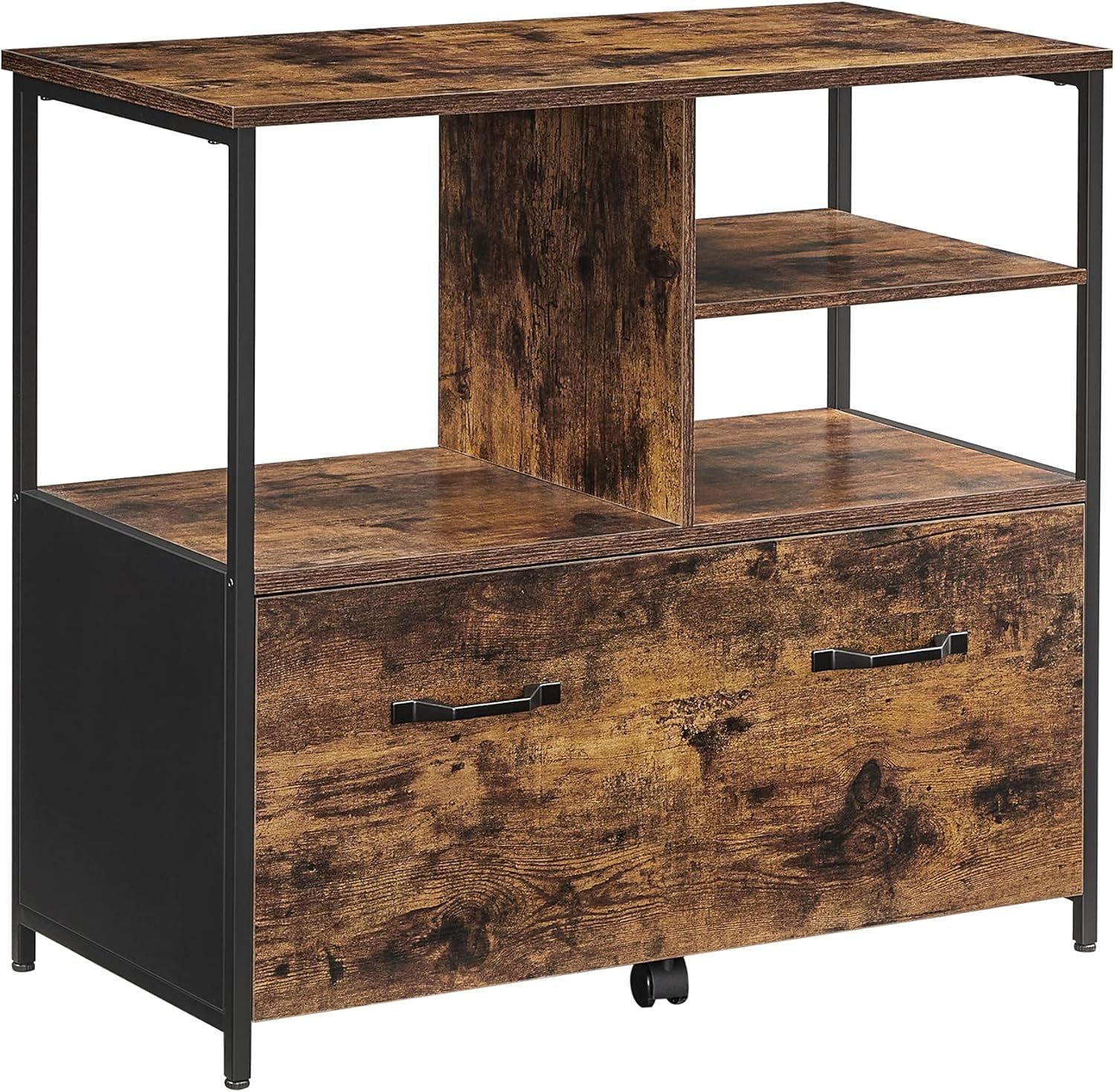 Lateral File Cabinet for Home Office, Filing Cabinet with Open Shelves and Drawer, for A4, Letter and Legal Sized Documents, Printer Stand, Rustic Brown and Black UOFC043B01