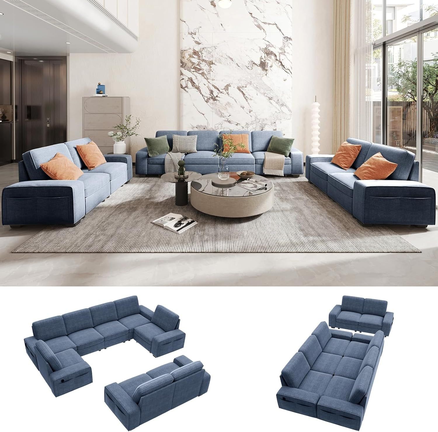 Blue U Shape Sectional Sofa for Living Room/Office 8 Seater Sofa Sets with Large Storage Space Comfy Chenille Cover (4-Seat Modular Sofa &amp; 2×Loveseat Couch)