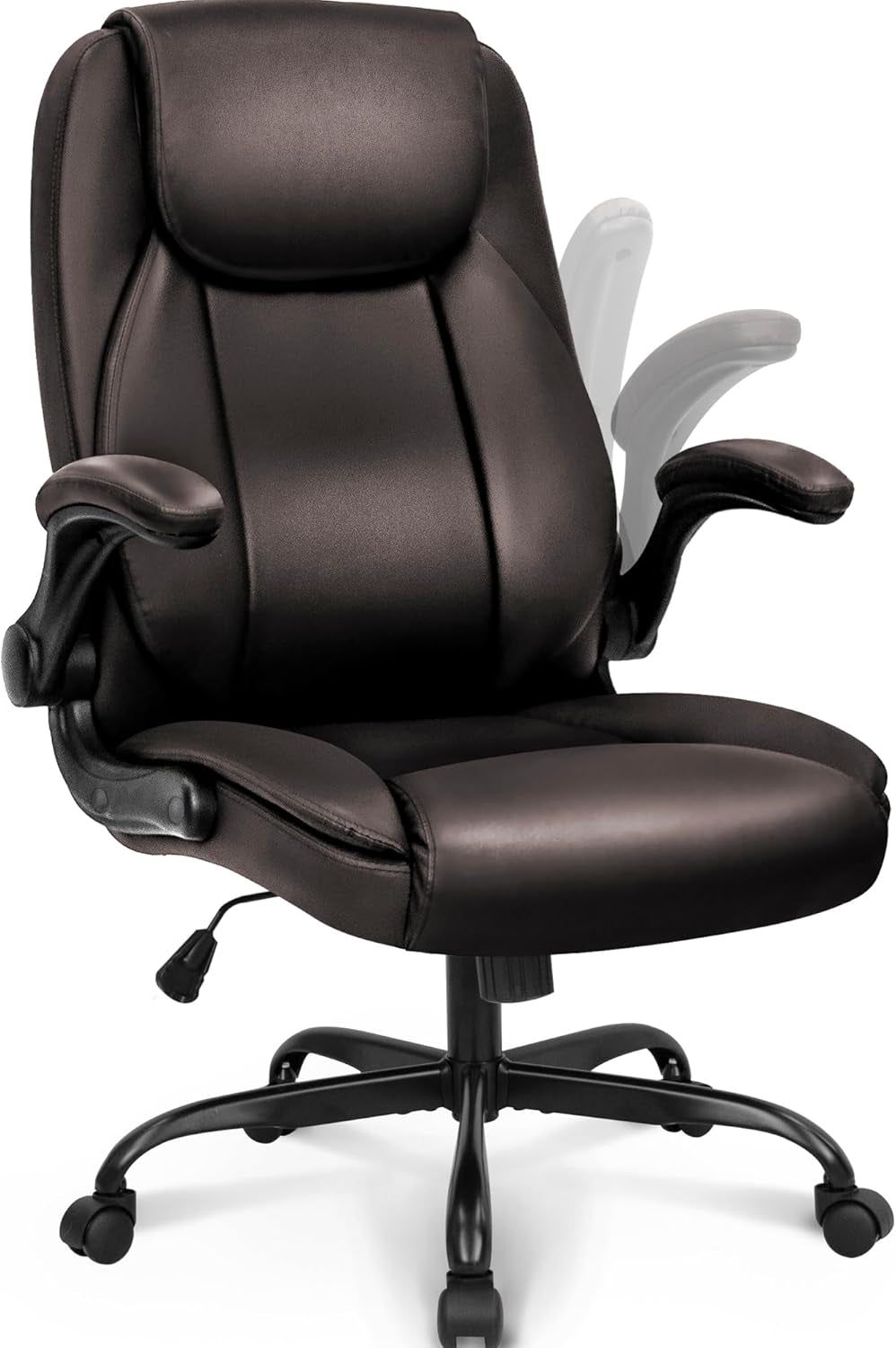 Ergonomic Office Chair PU Leather Executive Chair Padded Flip up Armrest Computer Chair Adjustable Height High Back Lumbar Support Wheels Swivel for Gaming Desk Chair (Brown)