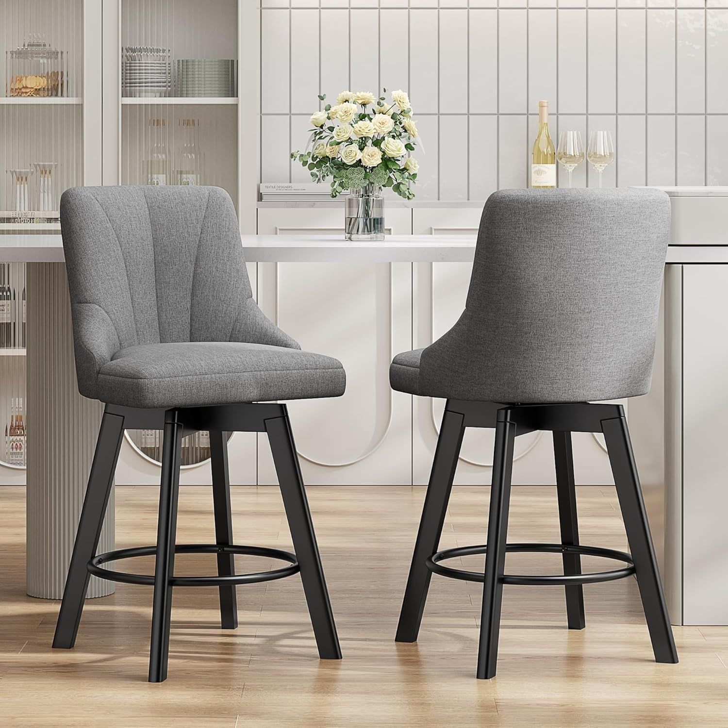 Swivel Bar Stools with Backs, 24&quot; Counter Height Bar Stools Set of 2, Fabric Upholstered Counter Bar Stools with Solid Wood Legs for Kitchen Island, Home Bar, Dark Gray