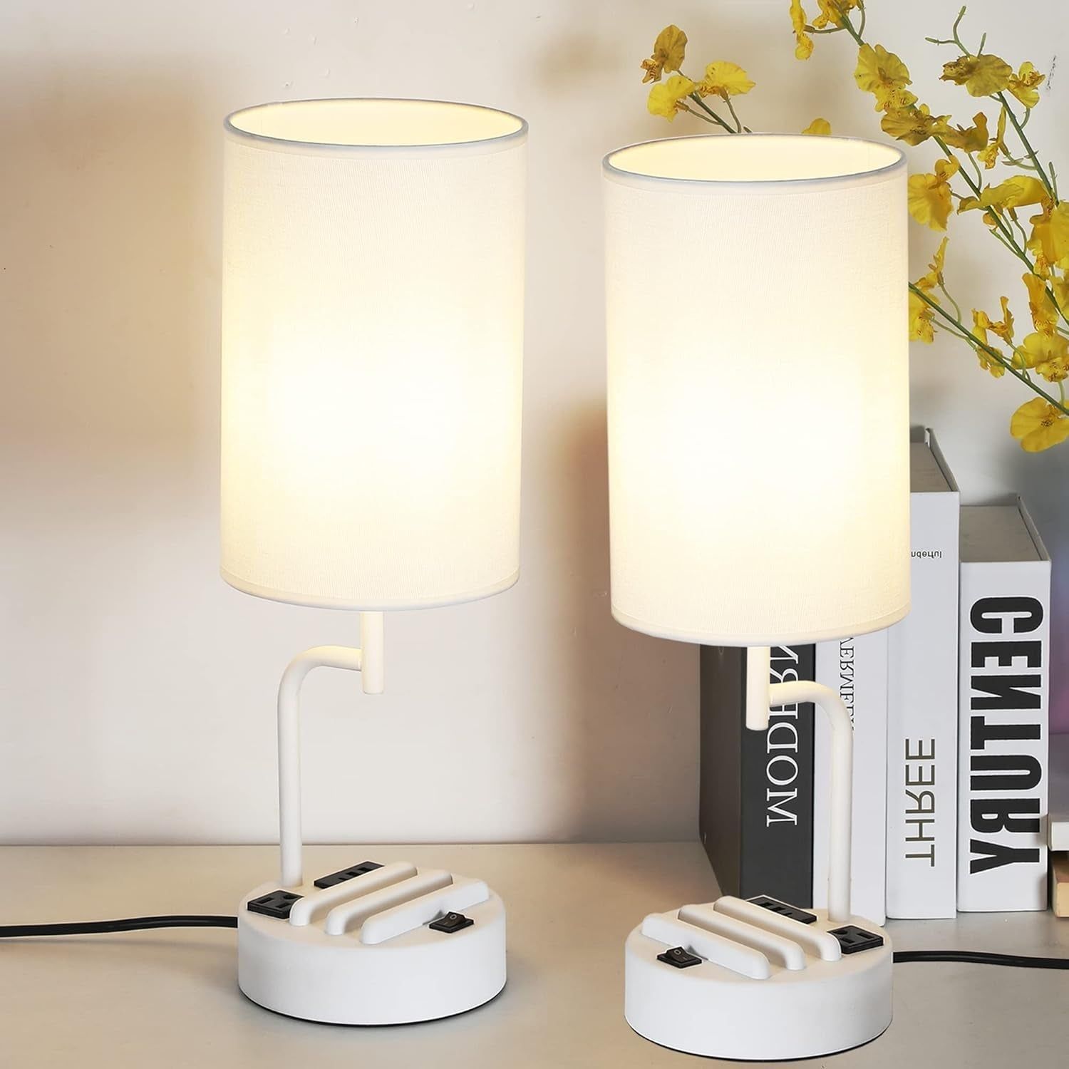 Table Lamp with 3 USB Charging Ports, Modern Desk Lamp with AC Outlet and Phone Stands, Perfect Bedside Lamp for Bedroom, Living Room, Office (Pack of 2), White