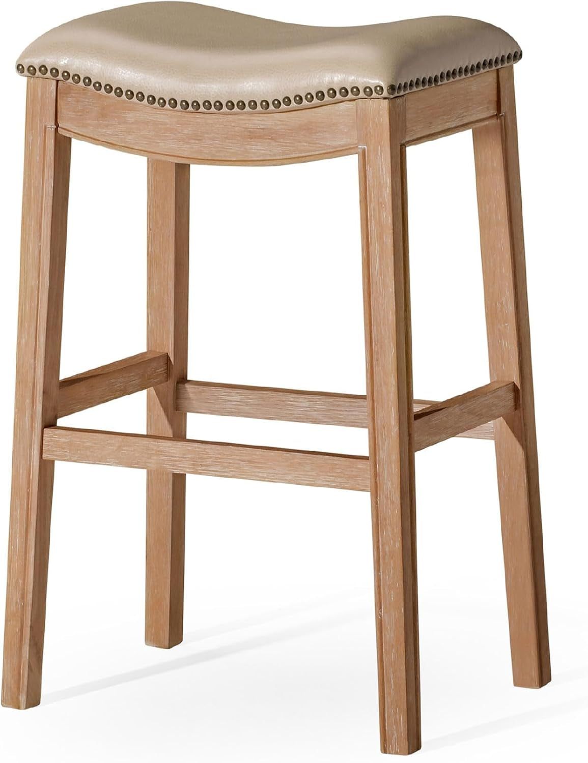 Adrien 31 Inch Bar Height Backless Saddle Barstool in Weathered Oak Finish with Avanti Bone Vegan Leather Cushion Seat