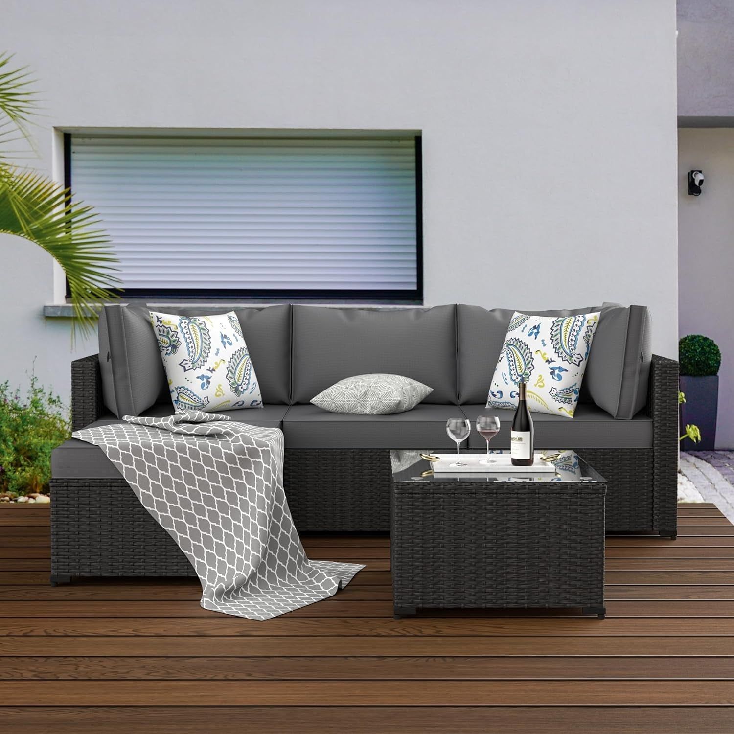Patio Furniture Set Outdoor Sectional Sofa with Ottoman Wicker Couch Rattan Patio Modular Seating 5 Pieces Conversation Sets Front Porch Decor for Backyard, Balcony, Garden, Deck (Grey)