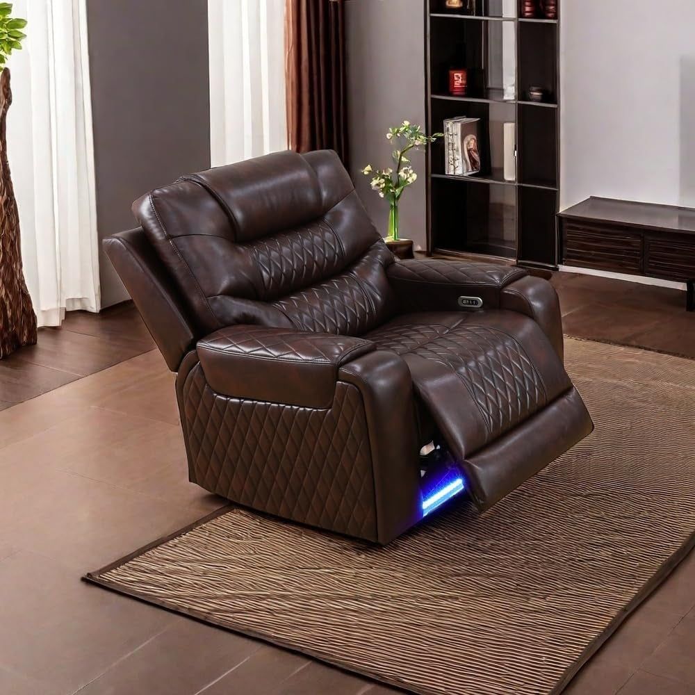 LED Power Recliner Sofa for Living Room Furniture Set, Leather Sectional Sofa Set, Recliner Chair Set Reclining Sofa and Loveseat with USB Port/Storage Console/Cup Holders(Dark Brown Chair)