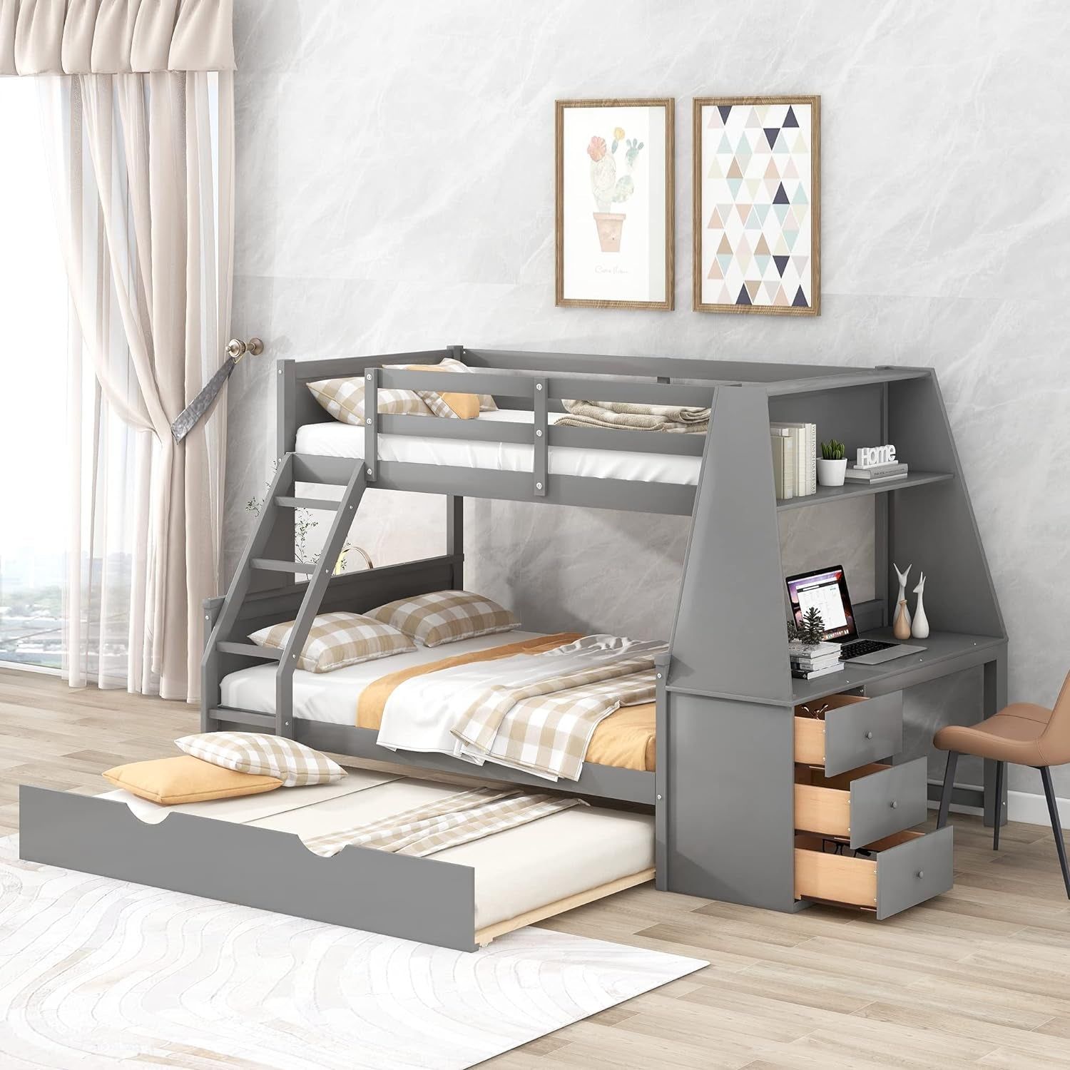 Twin over Full Bunk Beds with Trundle and Desk Wood Bunk Bed Frame with Three Storage Drawers and One Shelf for Kids Boys Girls Teens, Gray