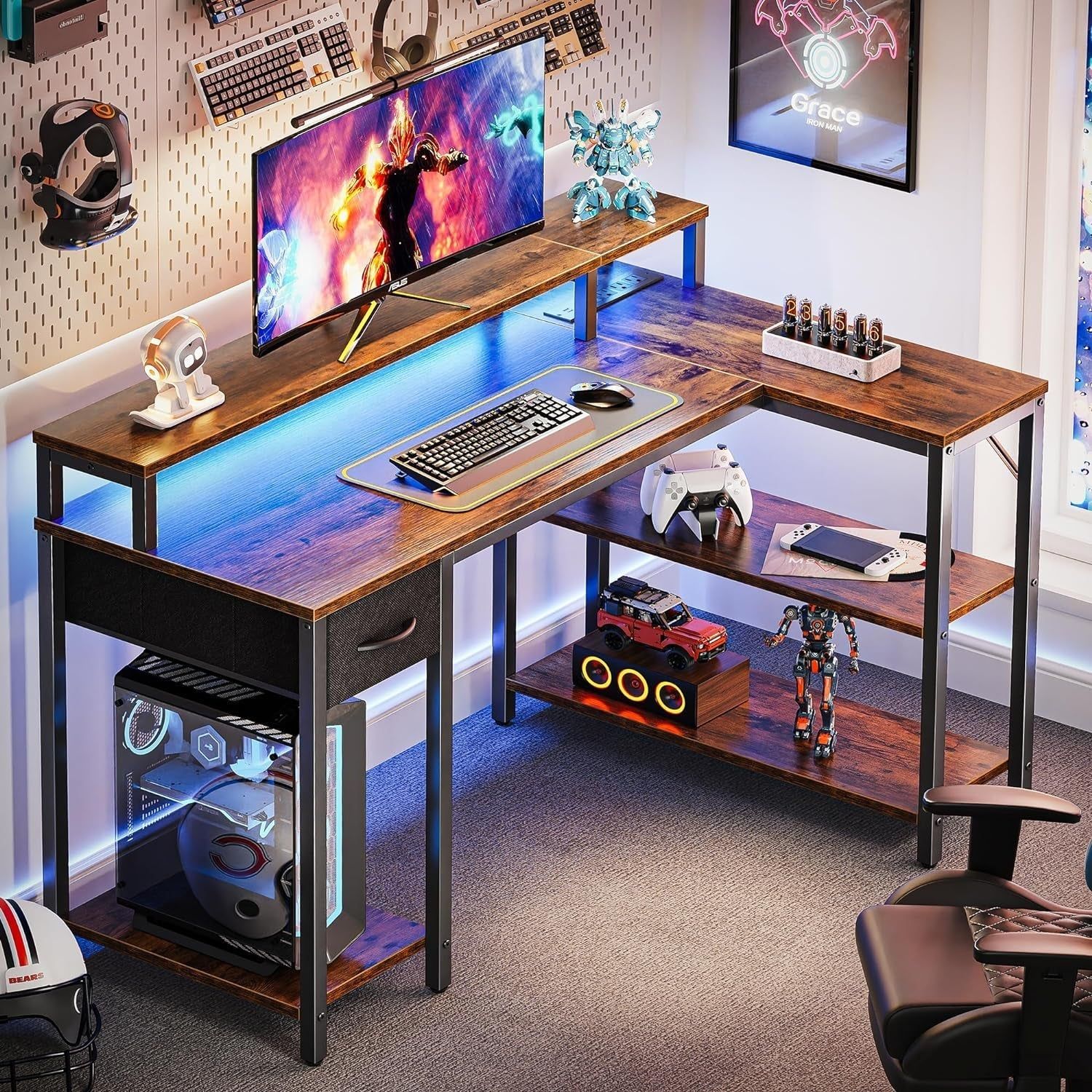 47&quot; Reversible L Desk with LED &amp; Power