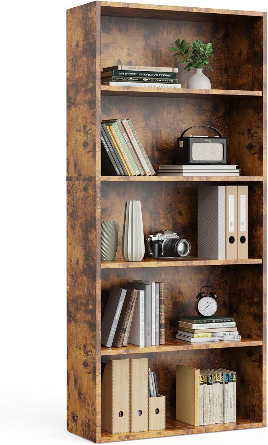 Industrial 5 Shelf Bookcase - Large 53 Inch Tall Floor Standing Open Bookshelf for Home Office, Living Room, and Bedroom Storage, Rust