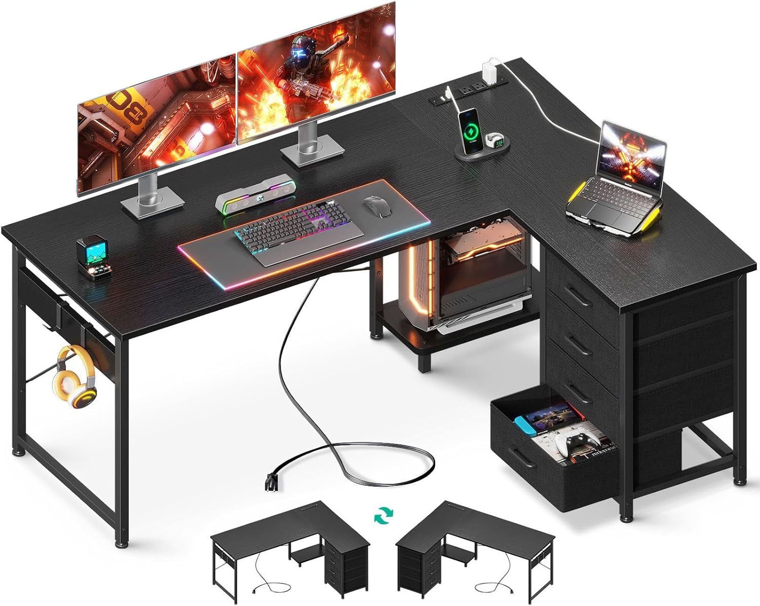 L Shaped Gaming Desk with 4 Drawers, 53&quot; Reversible Home Office Desks with Power Outlets, L Shaped Computer Desk with USB Charging Port and Host Stand, Corner Desk, Easy to Assemble, Black