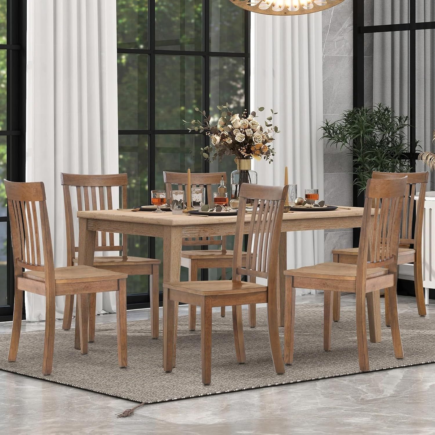 Wooden Dining Room Chairs Set of 6, Spindle High Back Windsor Kitchen Side Chair, Farmhouse Dining Chairs for Kitchen, Dining Room, Light Brown