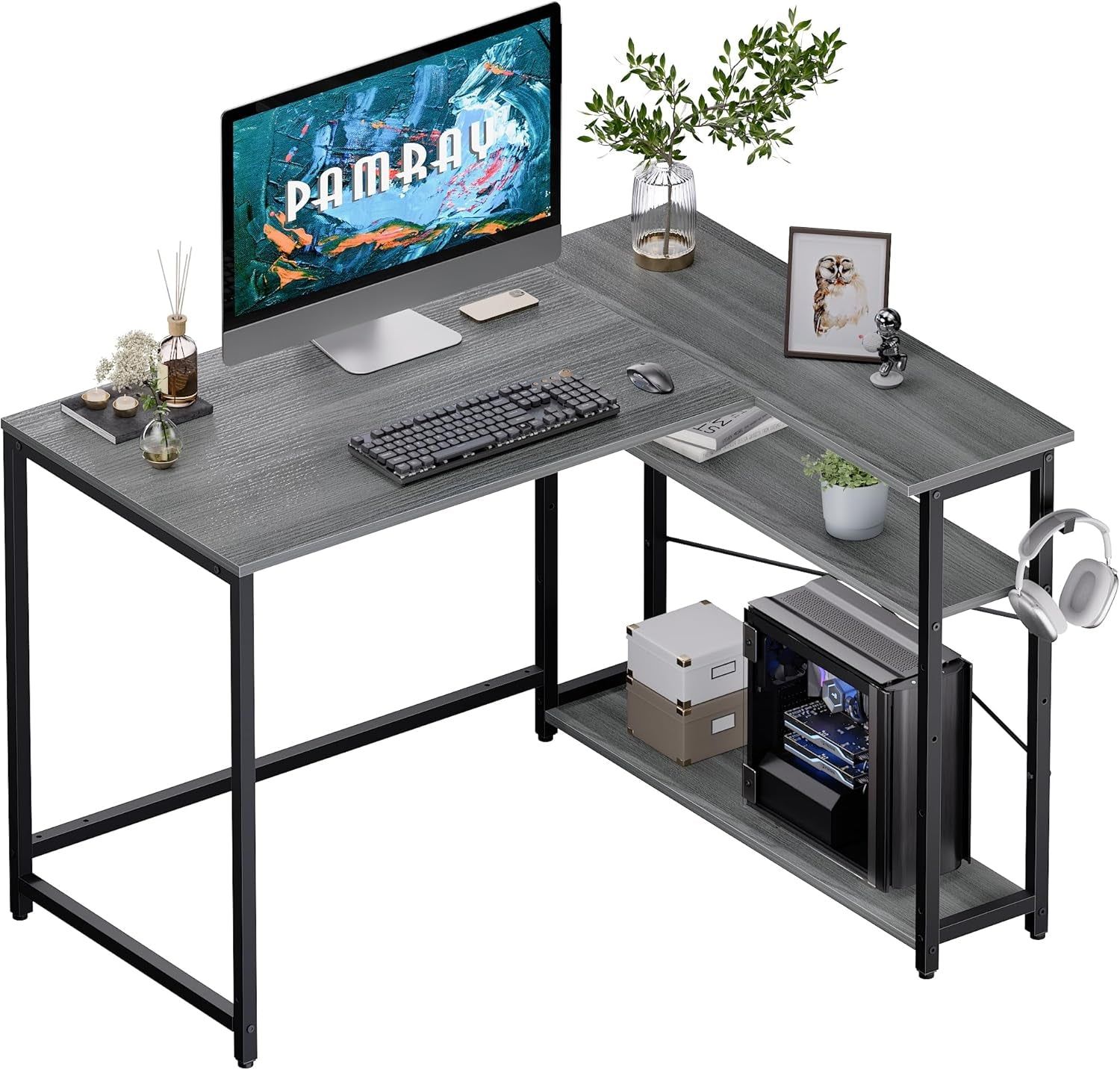43 Inch L Shaped Computer Desk with Reversible Side Storage Shelves, Small Corner Desk for Small Space Home Office,Writing Study Table PC Desk for Bedroom,Espresso Gray
