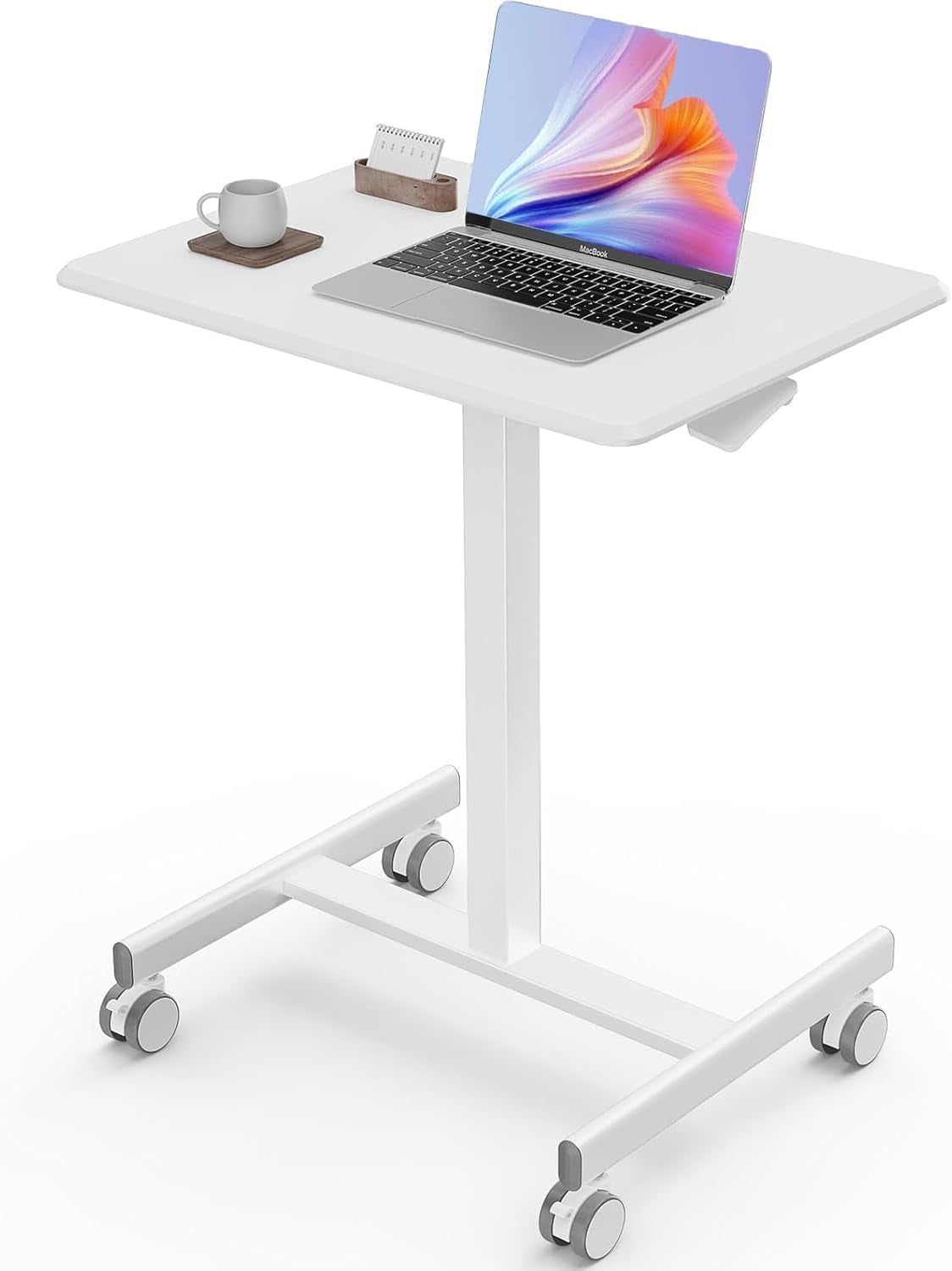 Mobile Small Stading Desk - Sit Stand Desk, Portable Rolling Laptop Desk with Lockable Wheels, Computer Workstations, Adjustable Height, White