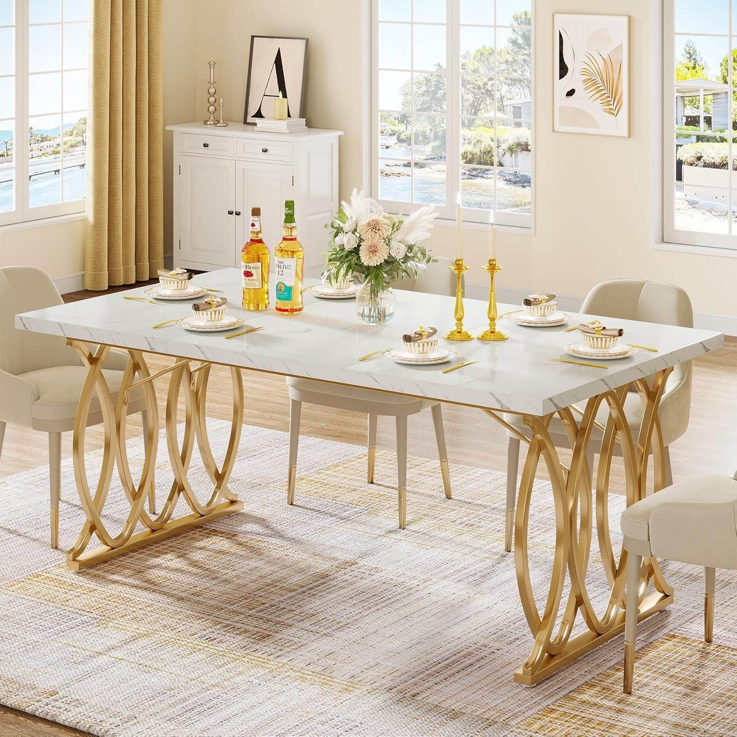 Modern Dining Table, 63&quot; Large Kitchen Table for 4-6 People, Unique Rectangular Dinner Table Kitchen &amp; Dining Room Furniture with Faux Marble Tabletop and Geometric Legs