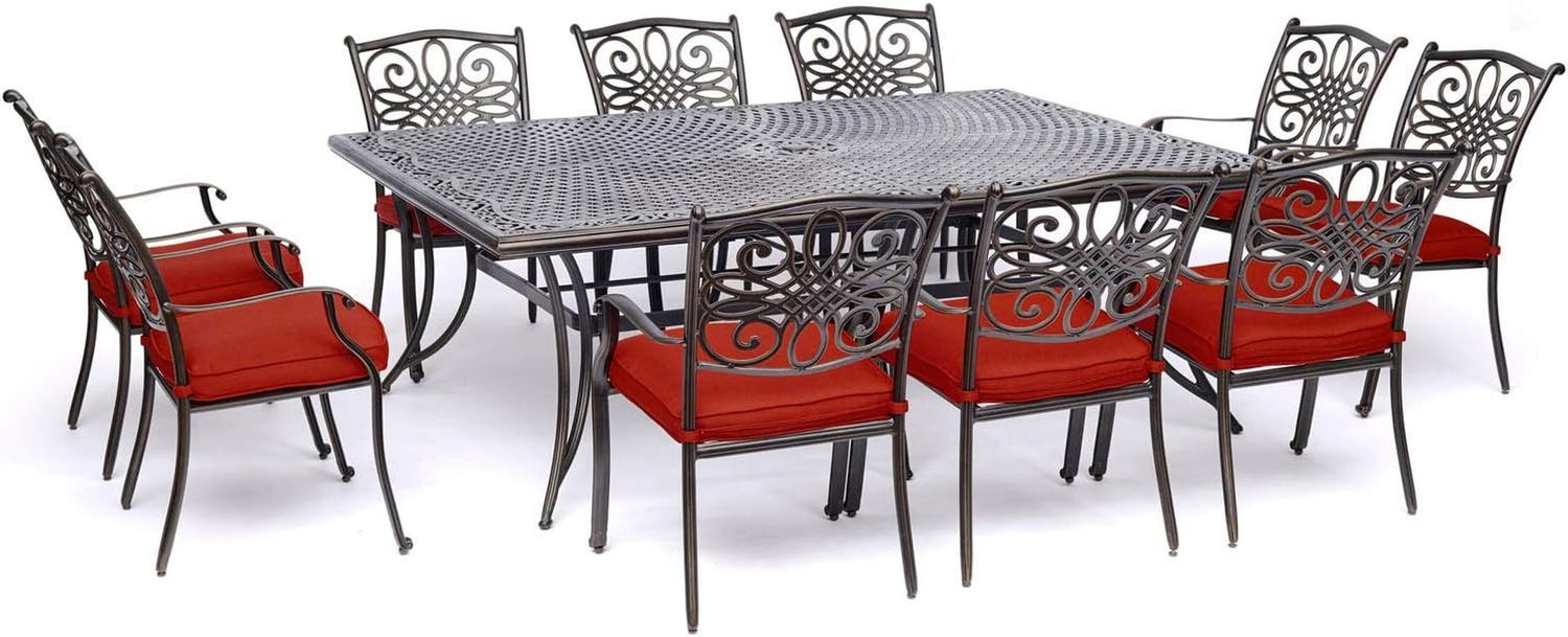 Traditions 11-Piece Patio Dining Set with 10 Stationary Chairs, Plush Red Cushions, and Extra Large Dining Table, Patio Dining Set for 10, All-Weather Rust-Resistant Luxury Outdoor Dining Set